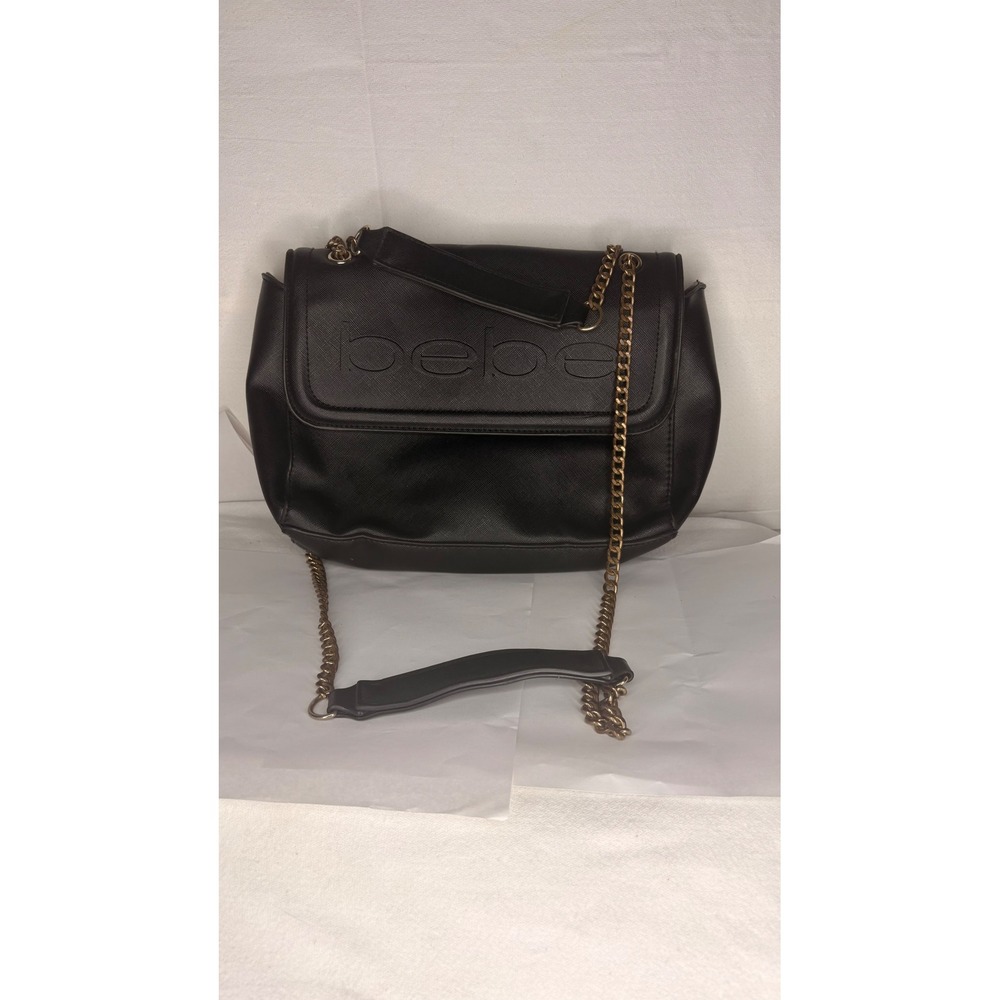 Bebe Black Saffiano Faux Leather Crossbody Bag Gold Chain Strap Embossed Logo